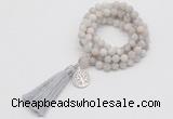 GMN2001 Knotted 8mm, 10mm matte white crazy agate 108 beads mala necklace with tassel & charm