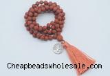 GMN2007 Knotted 8mm, 10mm matte red jasper 108 beads mala necklace with tassel & charm