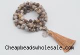 GMN2009 Knotted 8mm, 10mm matte zebra jasper 108 beads mala necklace with tassel & charm