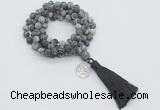 GMN2011 Knotted 8mm, 10mm matte black water jasper 108 beads mala necklace with tassel & charm