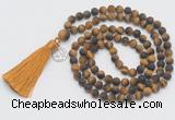 GMN2027 Knotted 8mm, 10mm matte yellow tiger eye 108 beads mala necklace with tassel & charm