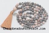 GMN2029 Knotted 8mm, 10mm matte pink zebra jasper 108 beads mala necklace with tassel & charm