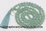 GMN2033 Knotted 8mm, 10mm matte green aventurine 108 beads mala necklace with tassel & charm