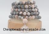 GMN2232 Hand-knotted 8mm, 10mm matte pink zebra jasper 108 beads mala necklaces with charm