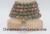 GMN2234 Hand-knotted 8mm, 10mm matte unakite 108 beads mala necklaces with charm