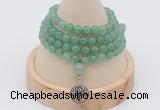 GMN2420 Hand-knotted 6mm green aventurine 108 beads mala necklace with charm