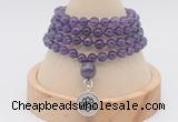 GMN2437 Hand-knotted 6mm amethyst 108 beads mala necklace with charm