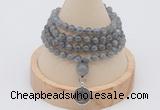 GMN2439 Hand-knotted 6mm labradorite 108 beads mala necklace with charm