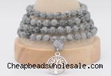 GMN2450 Hand-knotted 6mm grey picture jasper 108 beads mala necklaces with charm