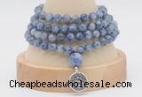 GMN2466 Hand-knotted 6mm blue spot stone 108 beads mala necklaces with charm