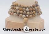 GMN2474 Hand-knotted 6mm picture jasper 108 beads mala necklaces with charm