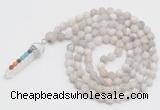 GMN2601 Hand-knotted 8mm, 10mm matte white crazy agate 108 beads mala necklace with pendant