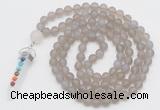 GMN2627 Knotted 8mm, 10mm matte grey agate 108 beads mala necklace with pendant