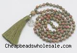 GMN303 Hand-knotted 6mm unakite 108 beads mala necklaces with tassel & charm