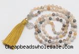 GMN322 Hand-knotted 6mm bamboo jeaf agate 108 beads mala necklaces with tassel & charm