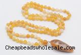 GMN4005 Hand-knotted 8mm, 10mm yellow banded agate 108 beads mala necklace with pendant