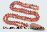 GMN4007 Hand-knotted 8mm, 10mm red banded agate 108 beads mala necklace with pendant