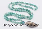 GMN4010 Hand-knotted 8mm, 10mm green banded agate 108 beads mala necklace with pendant