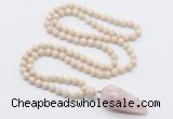 GMN4020 Hand-knotted 8mm, 10mm white fossil jasper 108 beads mala necklace with pendant