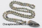 GMN4027 Hand-knotted 8mm, 10mm rhyolite 108 beads mala necklace with pendant