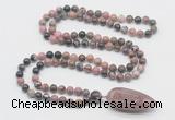 GMN4036 Hand-knotted 8mm, 10mm rhodonite 108 beads mala necklace with pendant