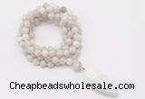 GMN4062 Hand-knotted 8mm, 10mm white crazy agate 108 beads mala necklace with pendant