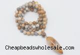 GMN4063 Hand-knotted 8mm, 10mm yellow crazy agate 108 beads mala necklace with pendant