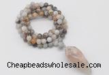 GMN4064 Hand-knotted 8mm, 10mm bamboo leaf agate 108 beads mala necklace with pendant