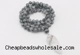 GMN4094 Hand-knotted 8mm, 10mm eagle eye jasper 108 beads mala necklace with pendant