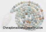 GMN4204 Hand-knotted 8mm, 10mm matte amazonite 108 beads mala necklace with pendant