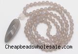 GMN4207 Hand-knotted 8mm, 10mm matte grey agate 108 beads mala necklace with pendant