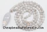 GMN4210 Hand-knotted 8mm, 10mm matte white crazy agate 108 beads mala necklace with pendant