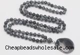 GMN4421 Hand-knotted 8mm, 10mm matte snowflake obsidian 108 beads mala necklace with pendant