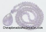 GMN4602 Hand-knotted 8mm, 10mm lavender amethyst 108 beads mala necklace with pendant