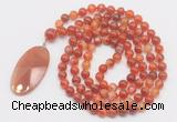 GMN4607 Hand-knotted 8mm, 10mm red banded agate 108 beads mala necklace with pendant