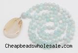 GMN4609 Hand-knotted 8mm, 10mm sea blue banded agate 108 beads mala necklace with pendant