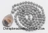 GMN4621 Hand-knotted 8mm, 10mm grey picture jasper 108 beads mala necklace with pendant