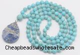 GMN4643 Hand-knotted 8mm, 10mm blue howlite 108 beads mala necklace with pendant