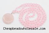 GMN4650 Hand-knotted 8mm, 10mm rose quartz 108 beads mala necklace with pendant