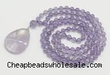 GMN4651 Hand-knotted 8mm, 10mm amethyst 108 beads mala necklace with pendant