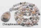 GMN4662 Hand-knotted 8mm, 10mm bamboo leaf agate 108 beads mala necklace with pendant