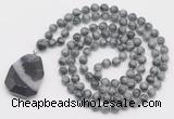 GMN4692 Hand-knotted 8mm, 10mm eagle eye jasper 108 beads mala necklace with pendant