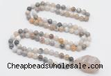 GMN4832 Hand-knotted 8mm, 10mm bamboo leaf agate 108 beads mala necklace with pendant