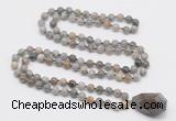 GMN4834 Hand-knotted 8mm, 10mm silver needle agate 108 beads mala necklace with pendant