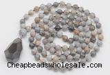 GMN4835 Hand-knotted 8mm, 10mm silver needle agate 108 beads mala necklace with pendant