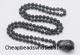 GMN4840 Hand-knotted 8mm, 10mm black banded agate 108 beads mala necklace with pendant