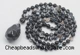 GMN4843 Hand-knotted 8mm, 10mm black banded agate 108 beads mala necklace with pendant