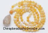 GMN4905 Hand-knotted 8mm, 10mm yellow banded agate 108 beads mala necklace with pendant