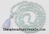 GMN4909 Hand-knotted 8mm, 10mm sea blue banded agate 108 beads mala necklace with pendant