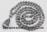 GMN4922 Hand-knotted 8mm, 10mm grey picture jasper 108 beads mala necklace with pendant